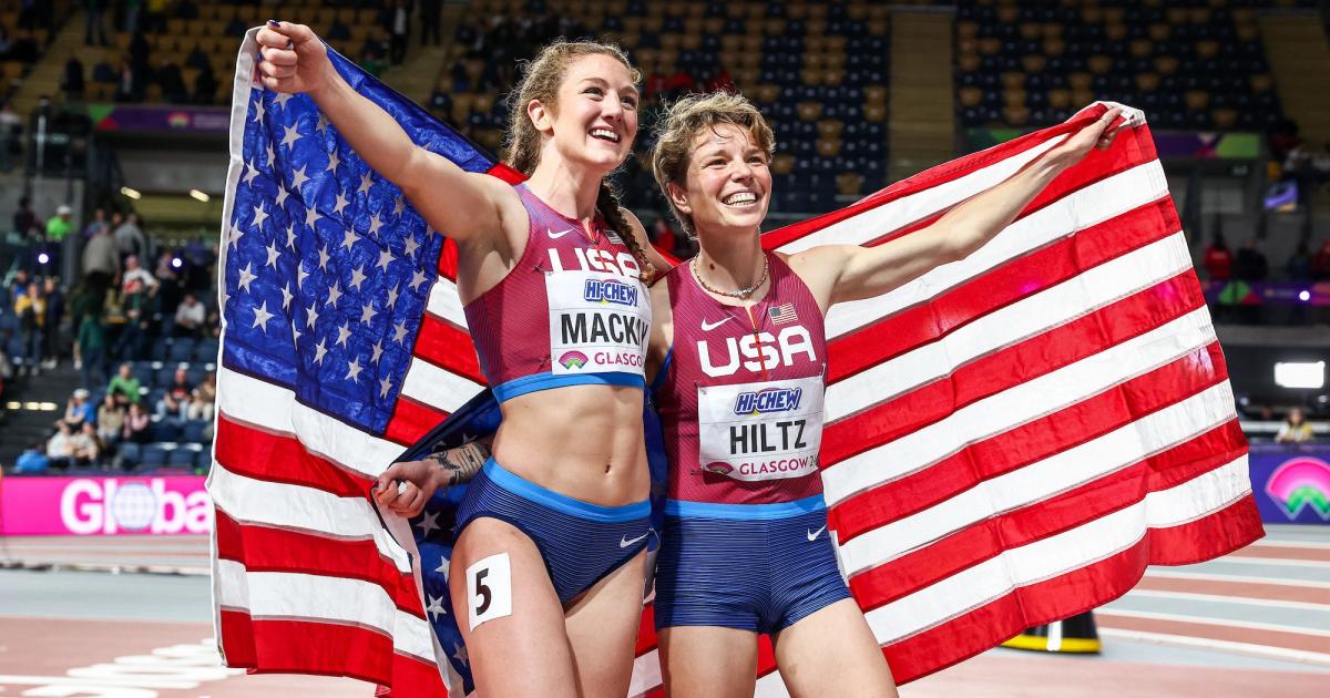 Emily Mackay and Nikki Hiltz at the 2024 World Indoor Championships.