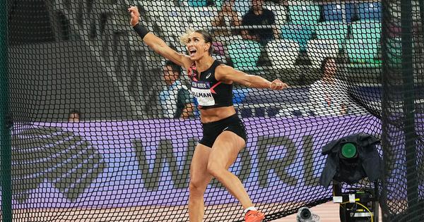 Valarie Allman competing in the discus at the Xiamen Diamond League.  