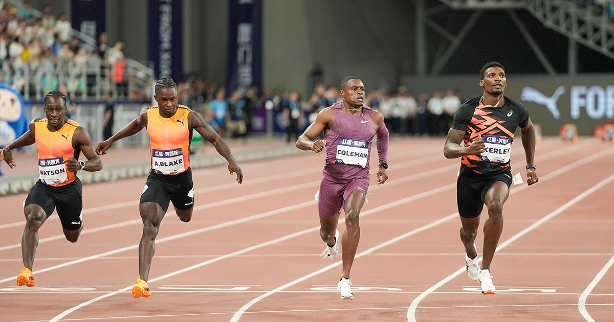 Christian Coleman winning the Xiamen Diamond League 100m. 