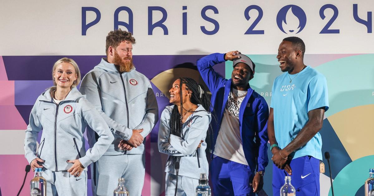 Katie Moon, Ryan Crouser, Tara Davis-Woodhall, Noah Lyles, and Grant Holloway at the Paris Olympics Team USA press conference. 