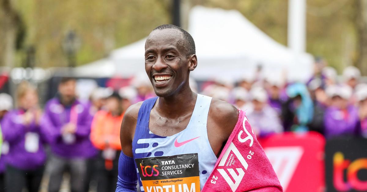 Kelvin Kiptum after running the second-fastest marathon in history to win the 2023 London Marathon,