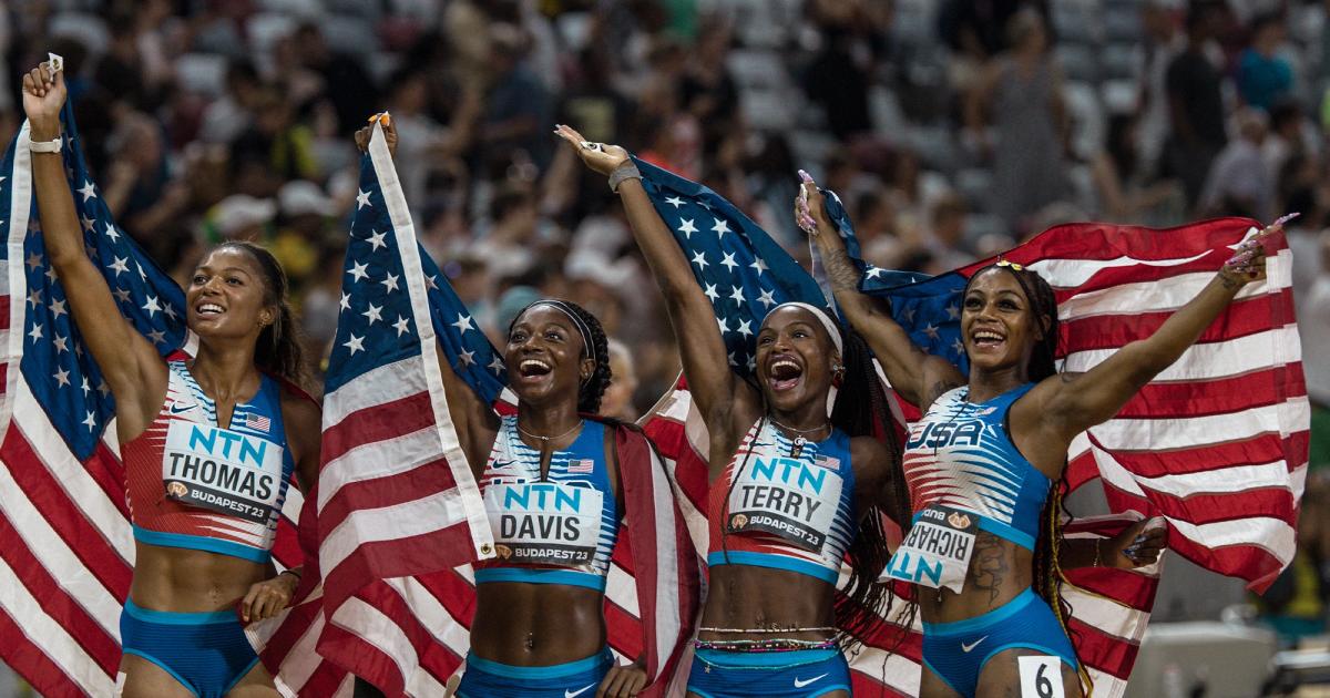 Team USA 4x100m celebrating at the 2023 World Athletics Outdoor Championships.