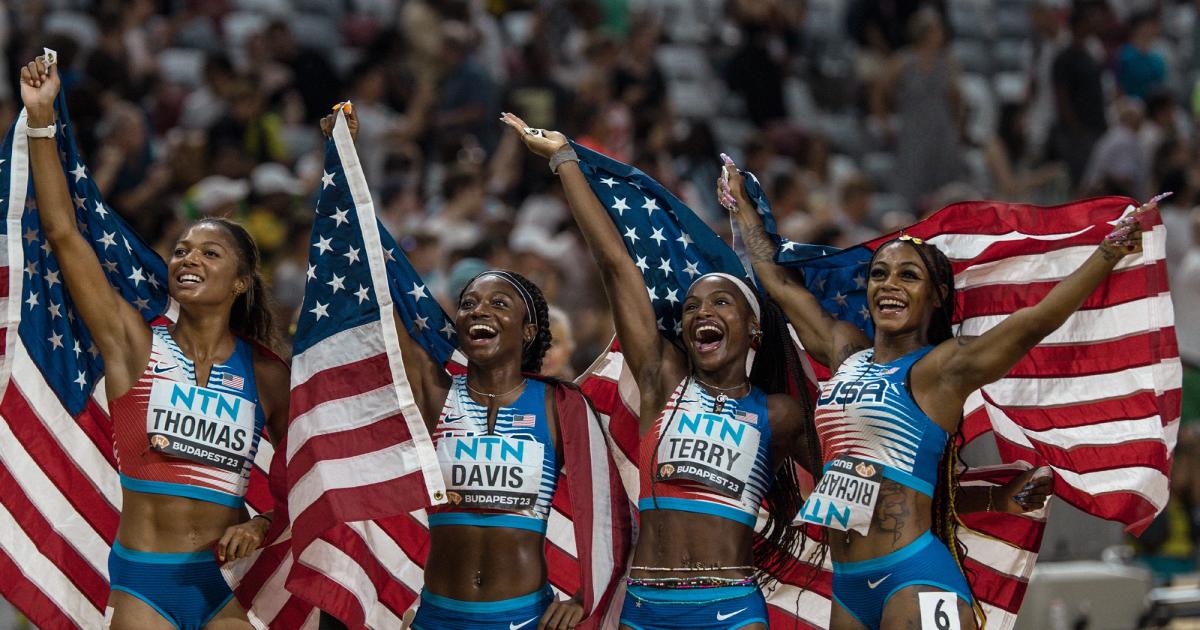 Team USA 4x100m celebrating at the 2023 World Athletics Outdoor Championships. 