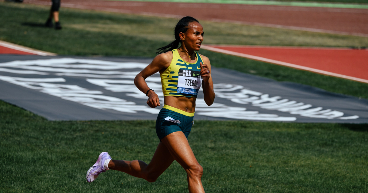 Gudaf Tsegay on her way to breaking the 5000m world record at the 2023 Prefontaine Classic in Eugene, Oregon.