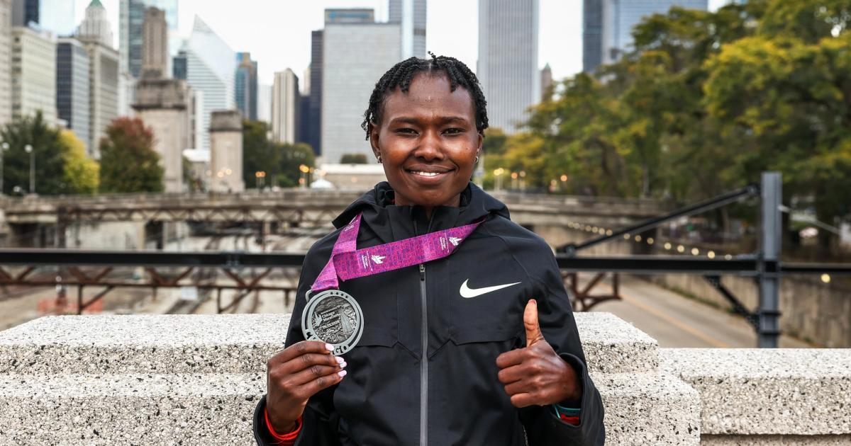 Ruth Chepngetich after breaking the marathon world record in 2:09:53 at the 2024 Chicago Marathon.
