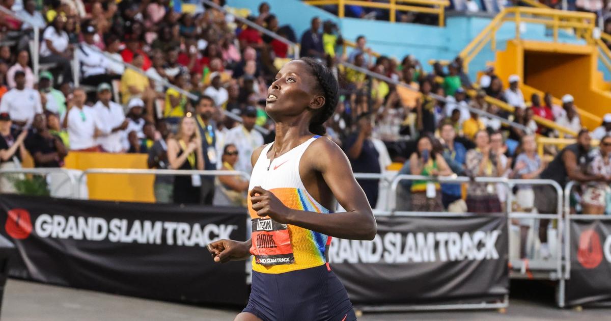 Diribe Welteji competes during Grand Slam Track in Kingston, Jamaica