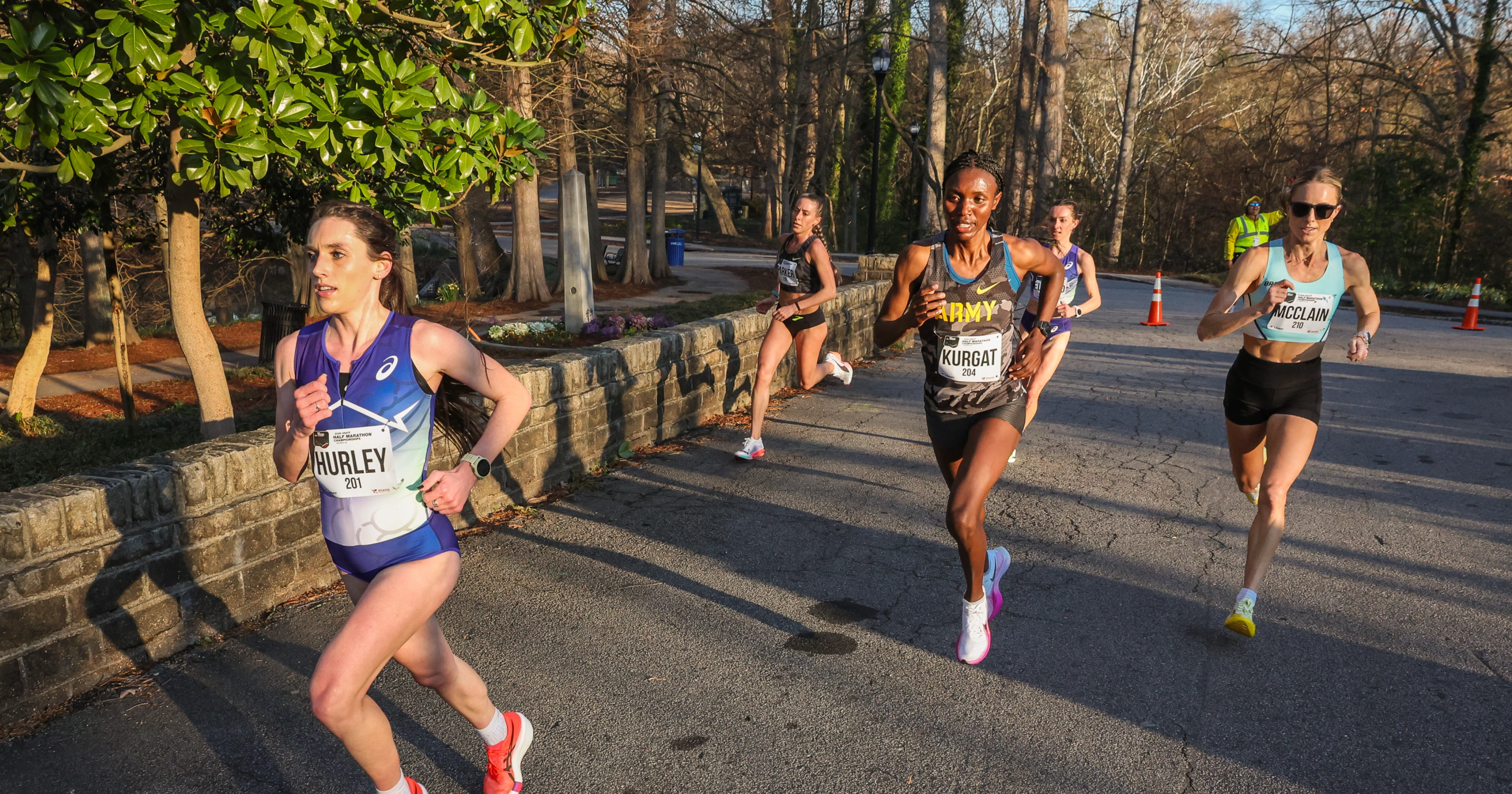 Emma Grace Hurley, Ednah Kurgat and Jess McClain at the 2026 USATF Half Marathon Championships.