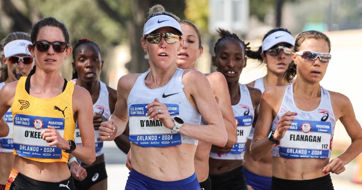 Fiona O’Keeffe, Keira D’Amato, and Lindsay Flanagan at the 2024 U.S. Olympic Marathon Trials.