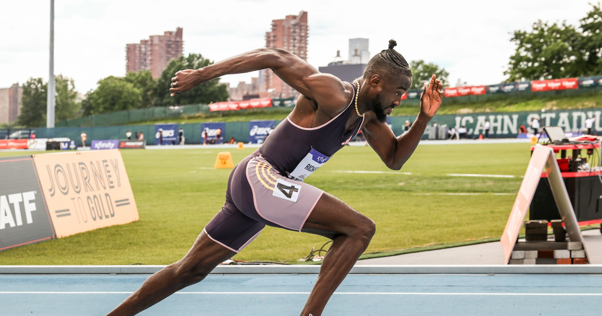 Jereem Richards getting out of the blocks in his 400m race at the NYC Grand Prix