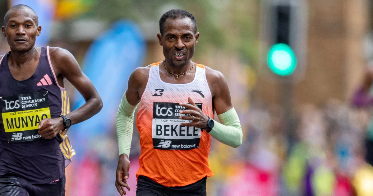 Kenenisa Bekele gritting his teeth in the final stages of the 2024 London Marathon, which secured his spot on the Ethiopian Olympic team for Paris.