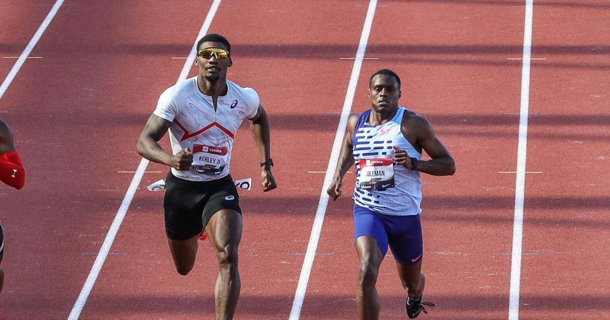 Fred Kerley and Christrian Coleman racing at the 2023 USATF Outdoor Championships in the 100m.