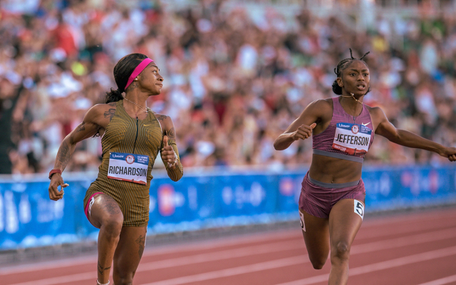 Sha'Carri Richardson and Melissa Jefferson at the 2024 U.S. Olympic Trials.