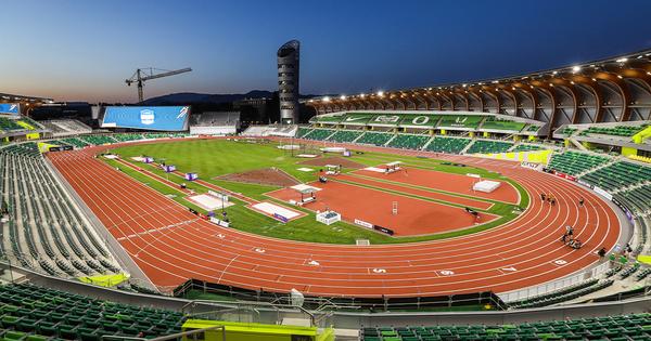 A photo of Hayward Field at Sunset.