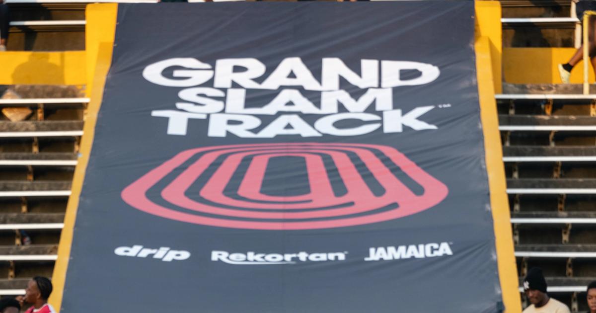 Grand Slam Track's banner hangs over the National Stadium in Kingston, Jamaica.