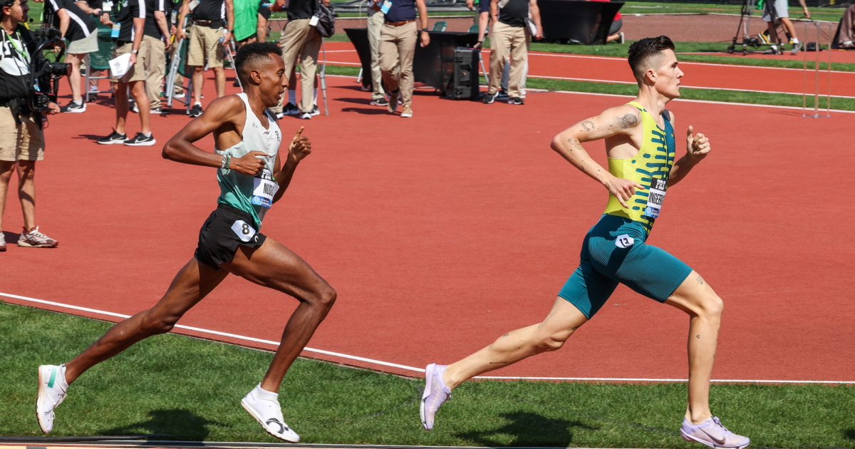 Jakob Ingebrigtsen and Yared Nuguse competing in the Bowerman Mile at the 2023 Prefontaine Classic. 
