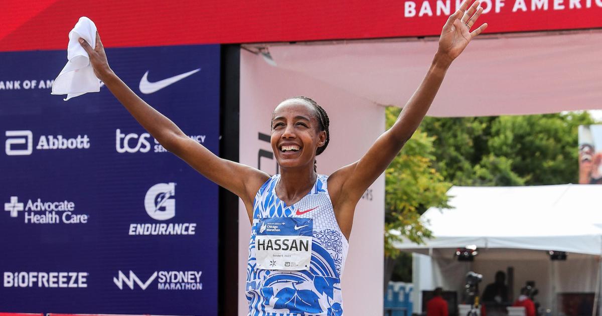 Sifan Hassan winning the 2023 Chicago Marathon.