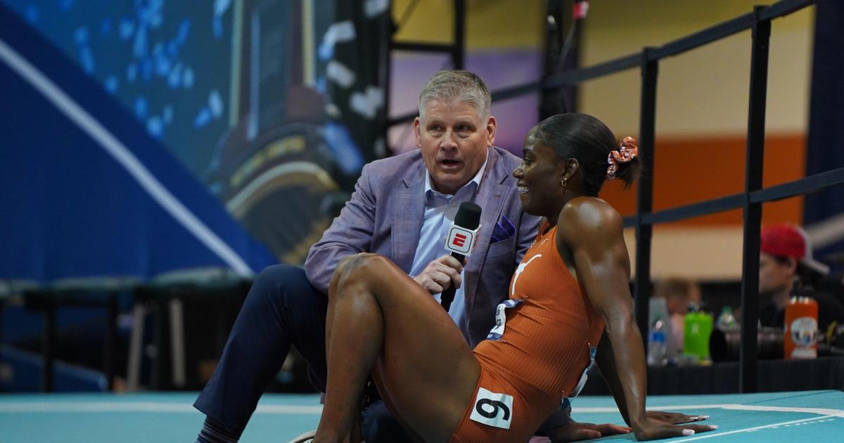 John Anderson interviewing Julien Alfred at the 2023 NCAA Indoor Track & Field Championships on ESPN.