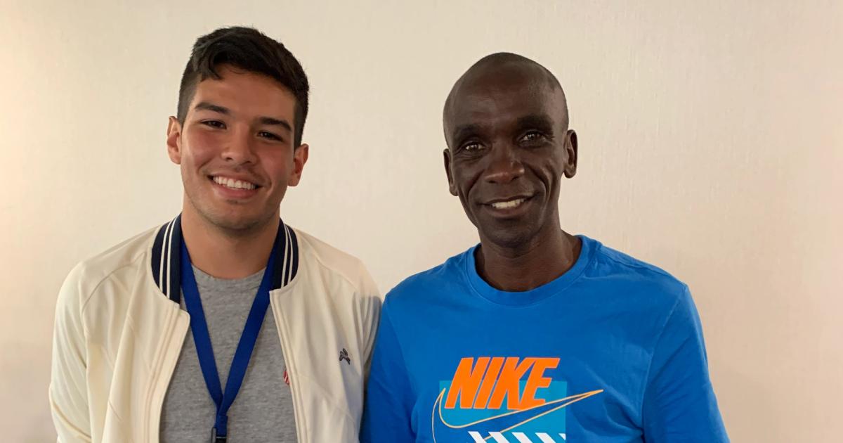 Chris Chavez and Eliud Kipchoge at the 2021 Prefontaine Classic in Eugene, Oregon.