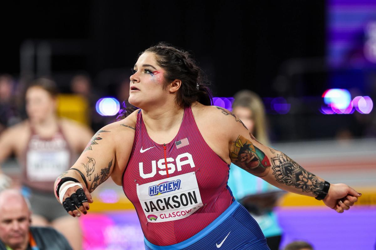 Chase Jackson throwing Shot Put at the 2024 World Athletics Indoor Championships.