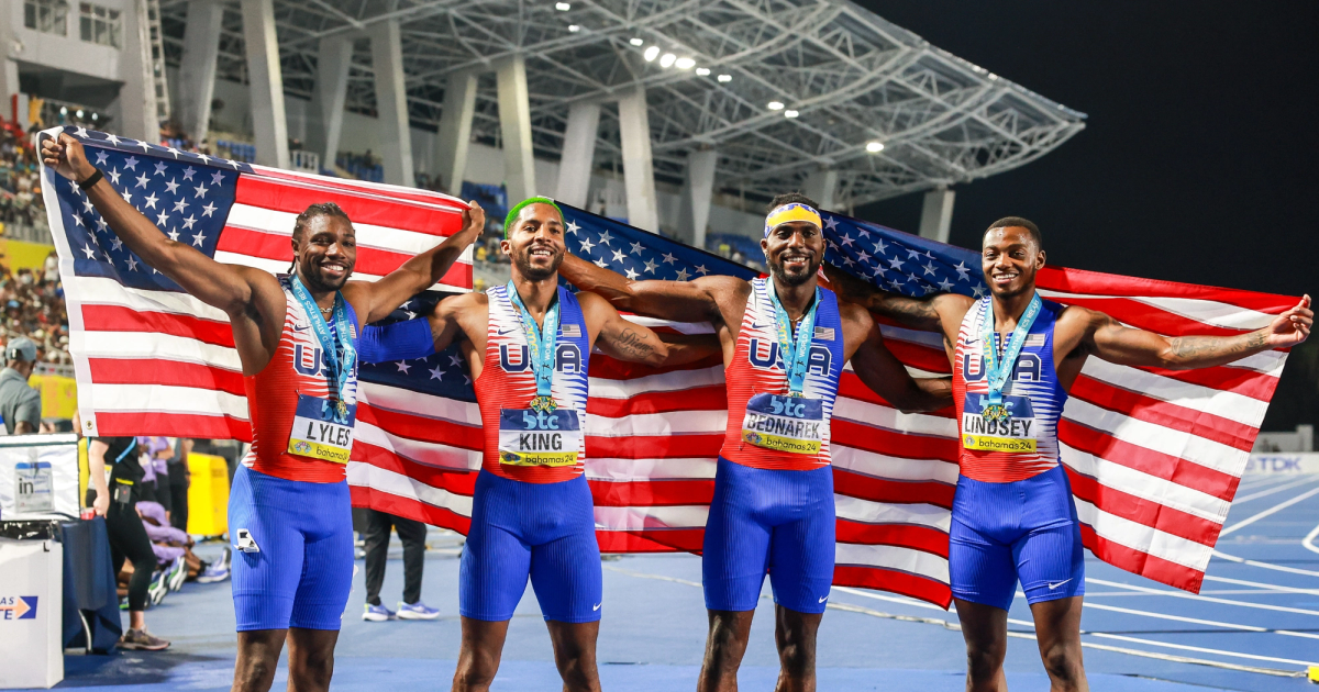 Team USA Men's 4x100m quad celebrating their World Relays Win.