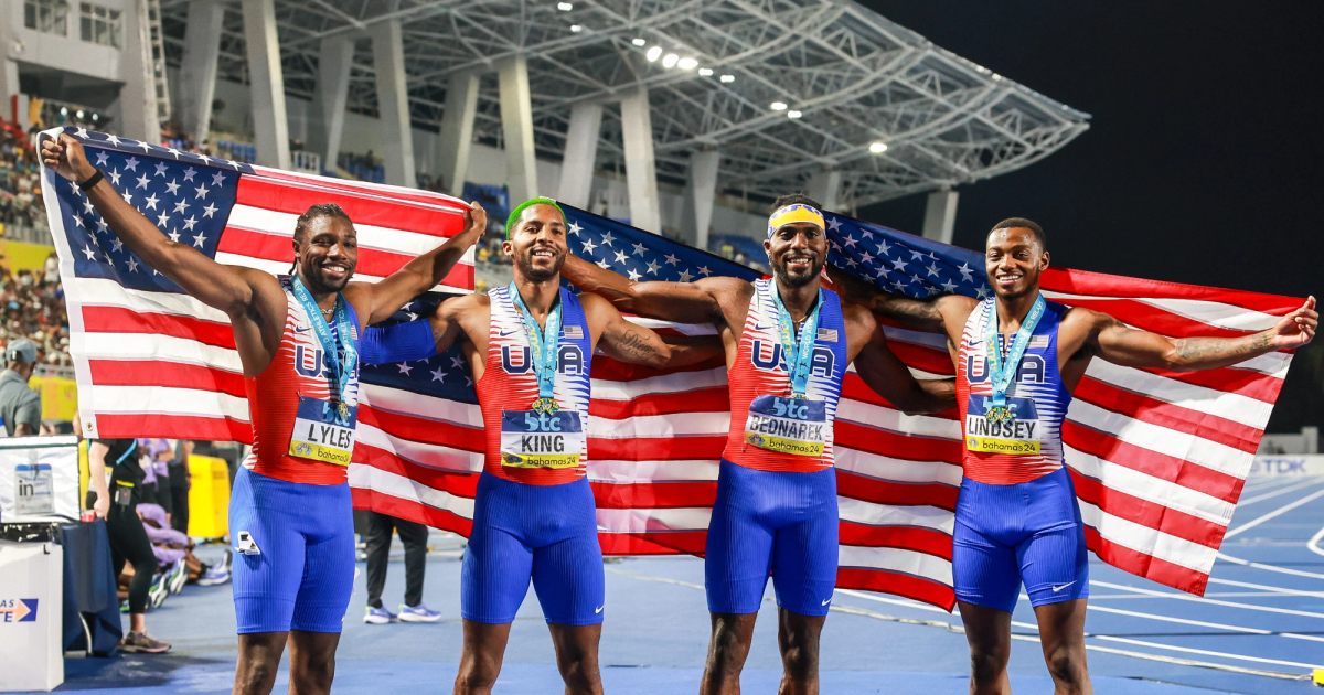 Team USA Men's 4x100m quad celebrating their World Relays Win. 