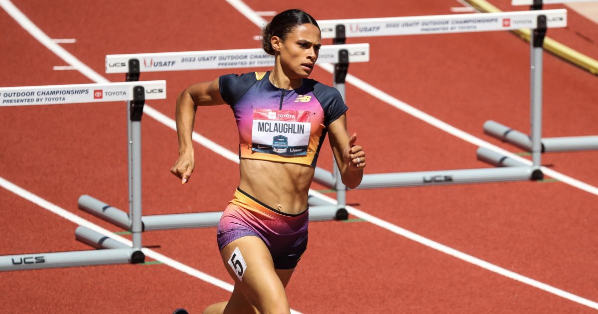 Sydney McLauglin-Levrone running the 400m hurdles at the 2022 U.S. Outdoor Track and Field Championships.