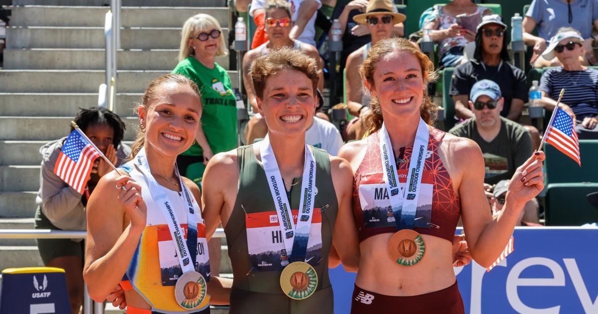 Sinclaire Johnson, Nikki Hiltz and Emily Mackay at the 2025 USATF Outdoor Championships.