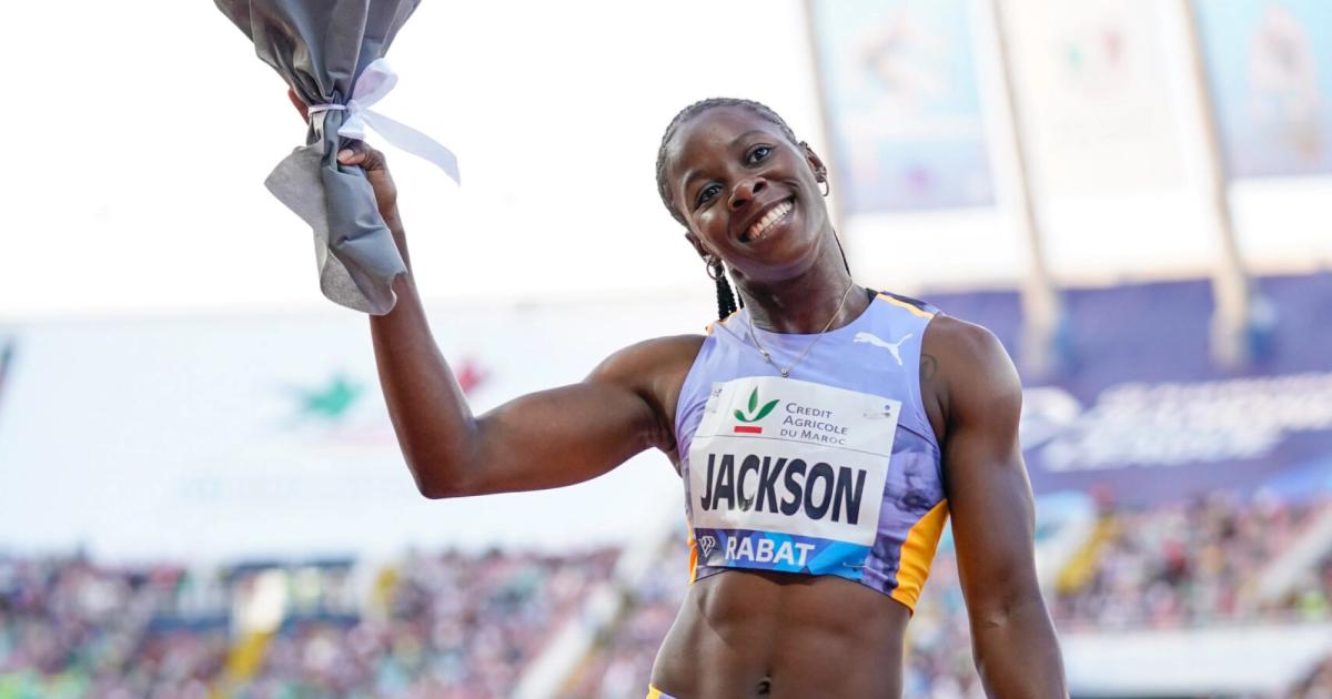 Shericka Jackson celebrates winning the women's 200m at the Rabat Diamond League.