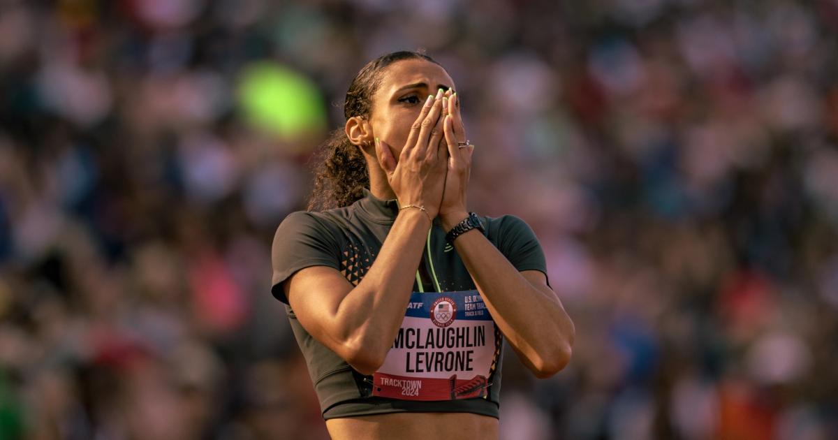 Sydney McLaughlin-Levrone after running the 400mH World Record at the 2024 U.S. Olympic Trials.