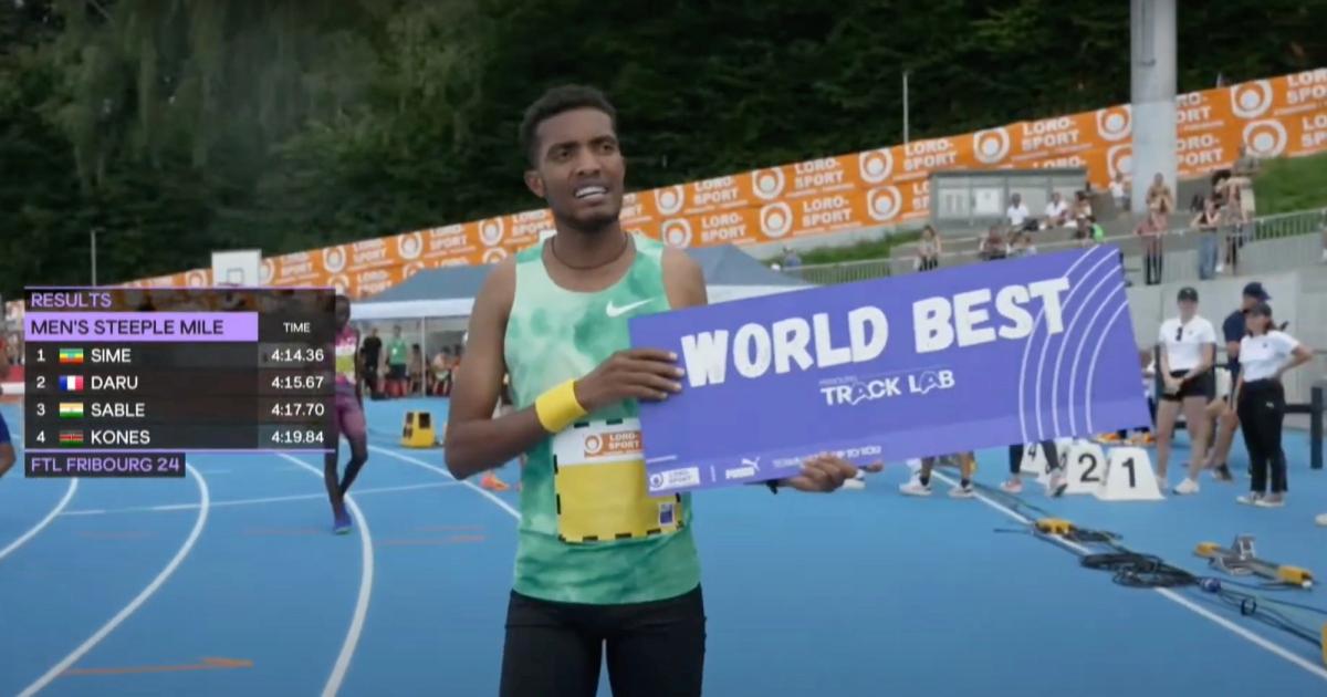 Abrham Sime after winning the first-ever mile steeplechase in 4:15.36 at World Athletics’ “Track Lab” event in Fribourg, Switzerland.