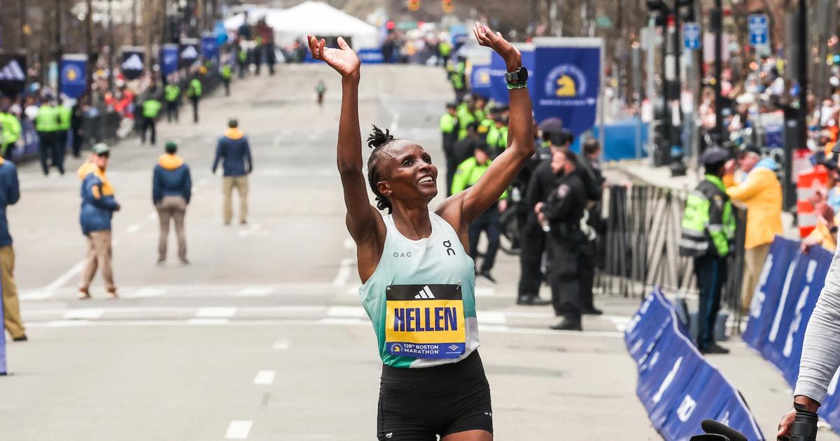 Helen Obiri celebrating her victory at the 2024 Boston Marathon. 