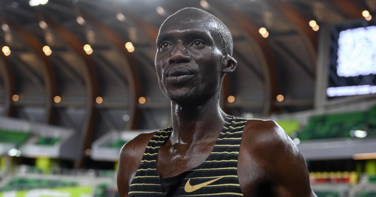 Joshua Cheptegei celebrates his win in the men's 5000 meters at the Prefontaine Classic.