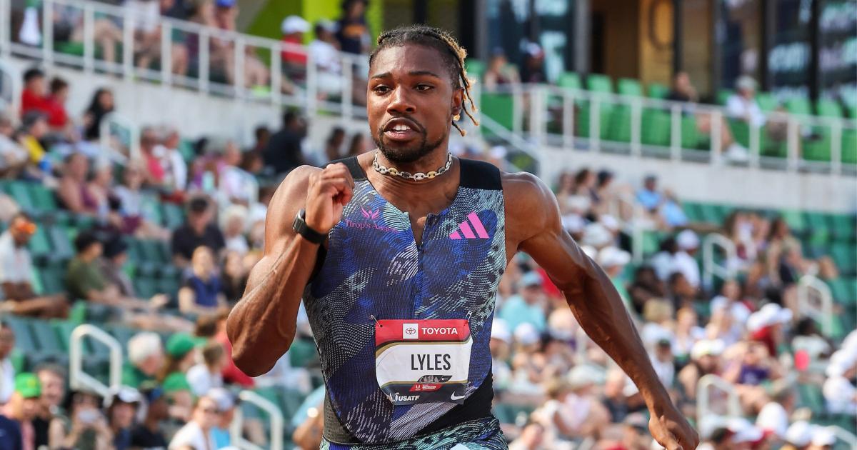 Noah Lyles racing the 100m at the 2023 USATF Outdoor Track and Field Championships.