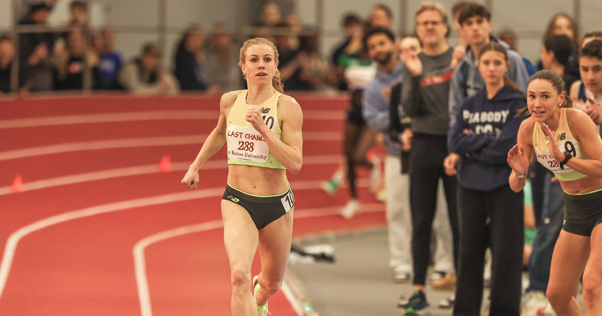 Heather MacLean powers down the track at Boston University’s Last Chance National Qualifier, en route to a 4:17.01 mile to secure her spot at the World Indoor Championships.