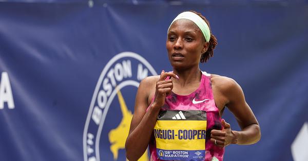 Mary Ngugi-Cooper finishing the 2024 Boston Marathon on 6th place.