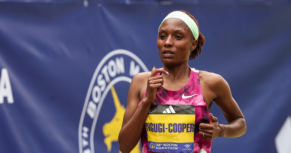 Mary Ngugi-Cooper finishing the 2024 Boston Marathon on 6th place.