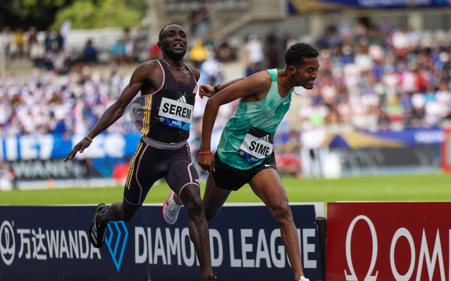 Abrham Sime and Amos Serem lean at the line at the Paris Diamond League.