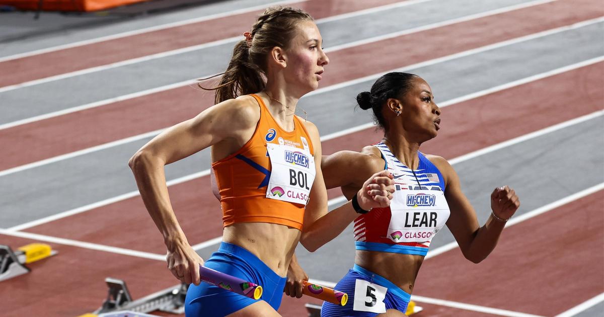 Femke Bol of the Netherlands racing Bailey Lear of USA in the 4x400m. 