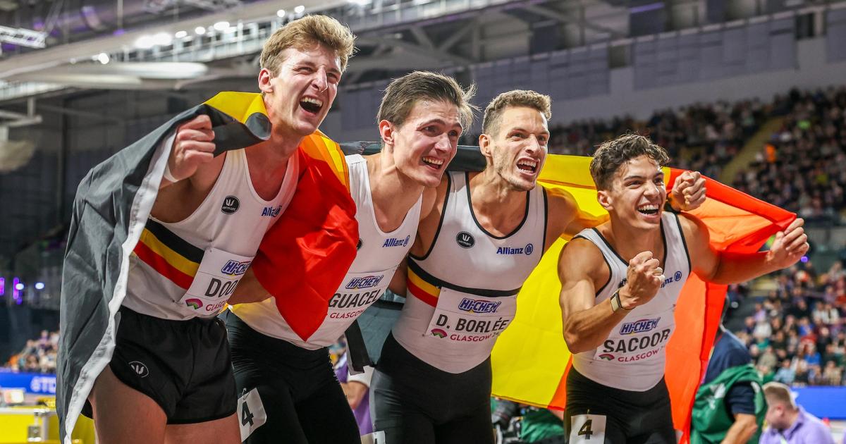 Belgium 4x4 celebrating victory at the 2024 World Indoor Athletics Championships