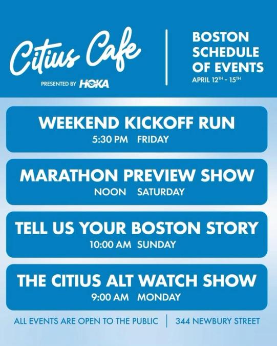 CITIUS MAG's schedule of events with HOKA at the 2024 Boston Marathon