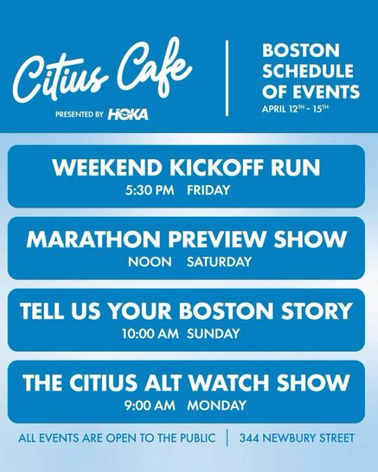 CITIUS MAG's schedule of events with HOKA at the 2024 Boston Marathon