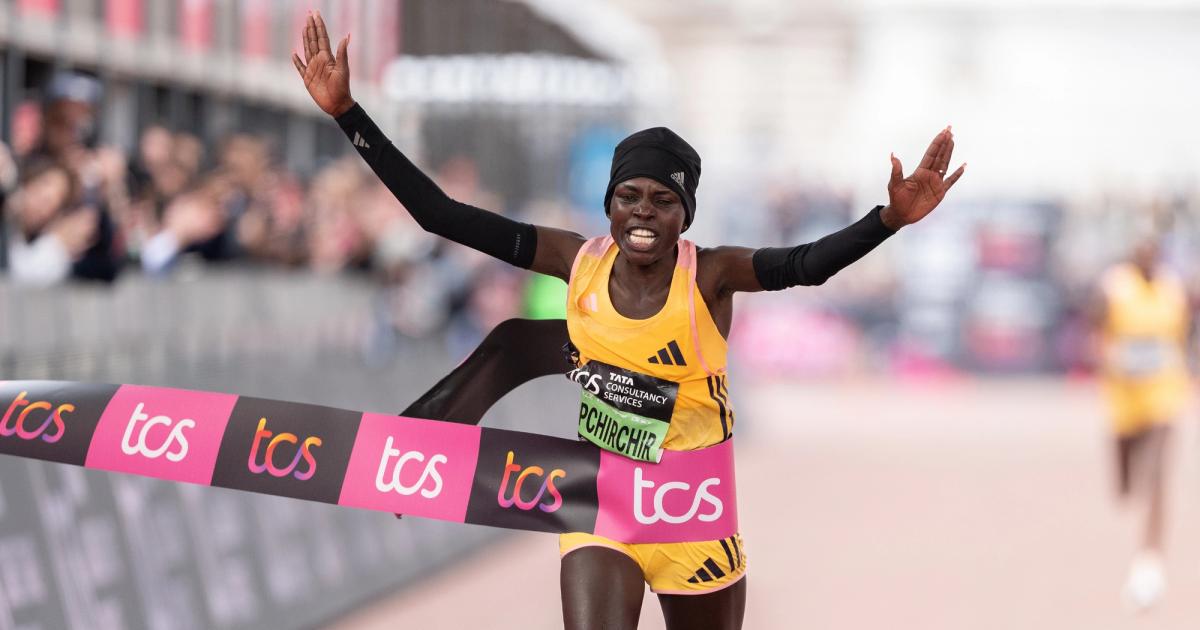 Peres Jepchirchir crosses the finish line in 2:16:16 to break the women's-only marathon world record.