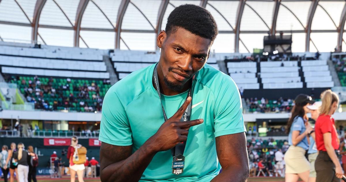 Fred Kerley after winning the 2022 U.S. Outdoor Track and Field Championships 100m.