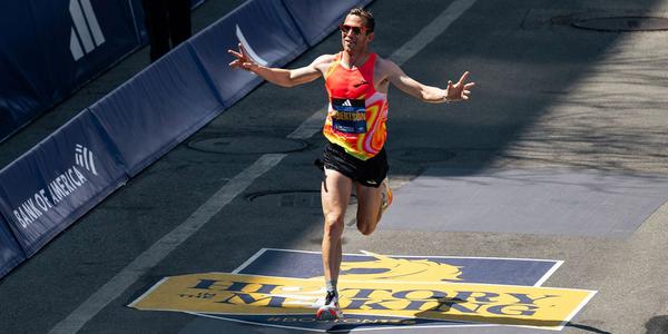 CJ Albertson celebrating at the end of the 2024 Boston Marathon. 