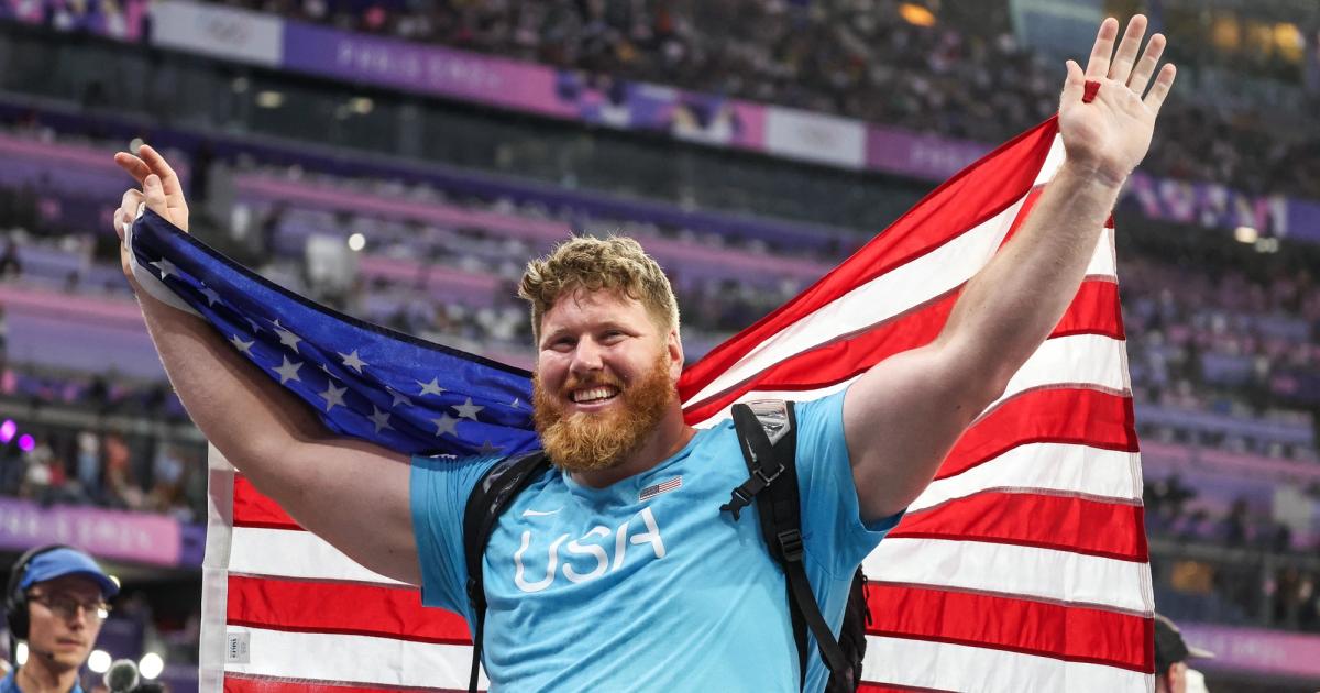 Ryan Crouser after winning gold in shot put at the Paris Olympics.