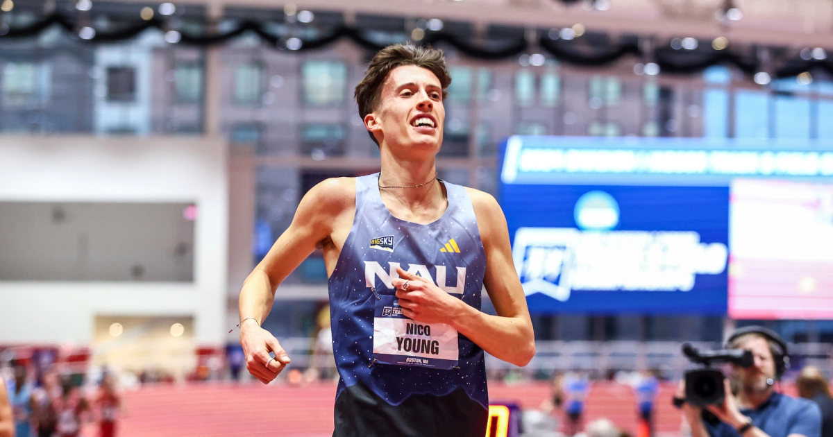 Nico Young wins the NCAA Indoor 5000m final at The TRACK at New Balance in Boston.