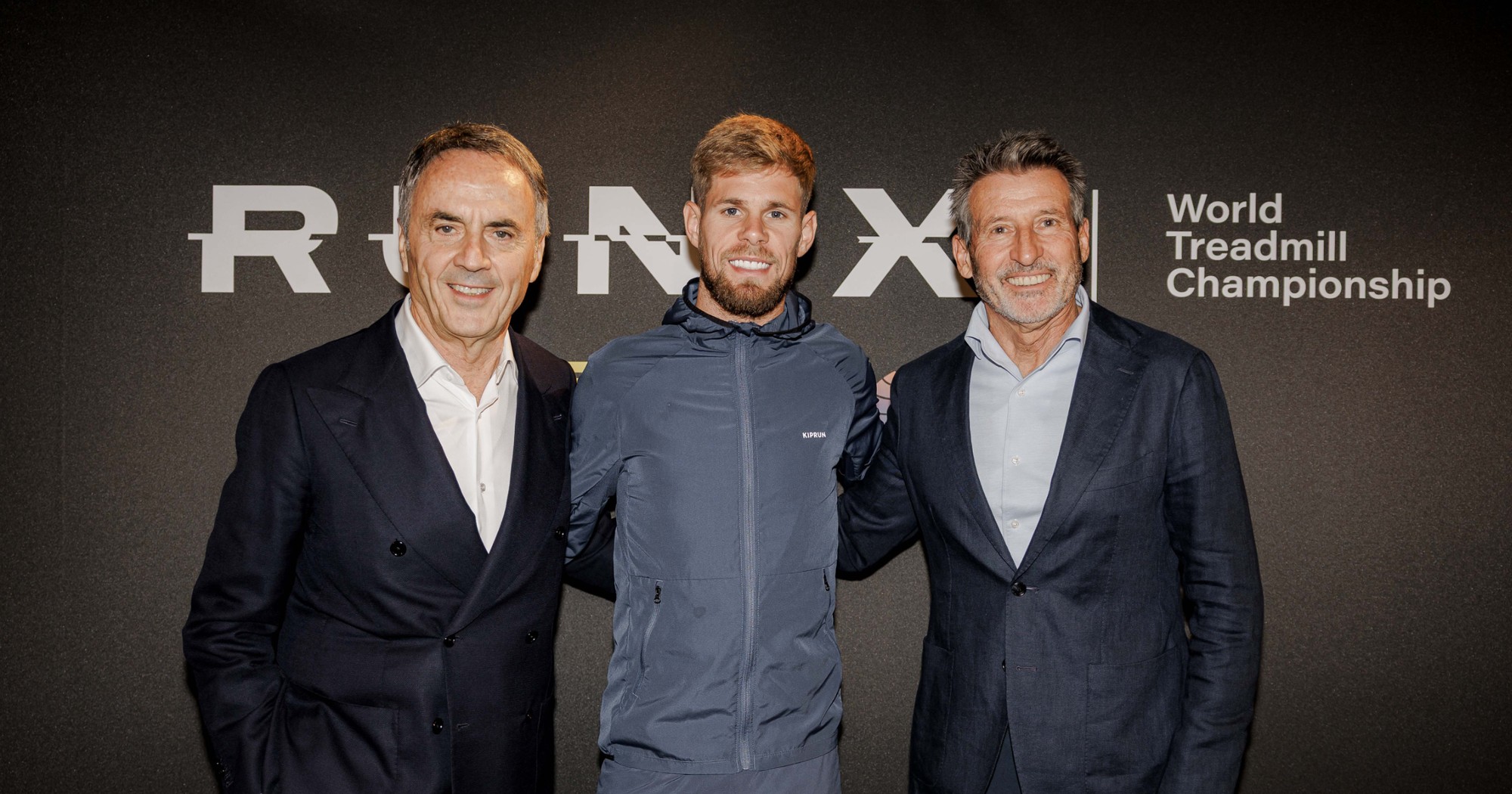 Technogym Founder and CEO Nerio Alessandri, World Athletics President Sebastian Coe, and world 10,000m champion Jimmy Gressier at the announcement of Run X – The World Treadmill Championships