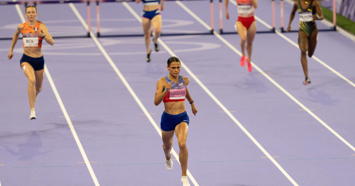 Sydney McLaughlin-Levrone running a new world record en route to 400mH Olympic gold.