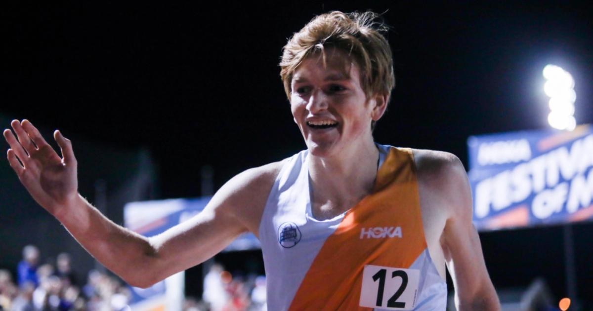 Connor Burns celebrates breaking four minutes for the mile for the first time at the 2022 Festival of Miles.