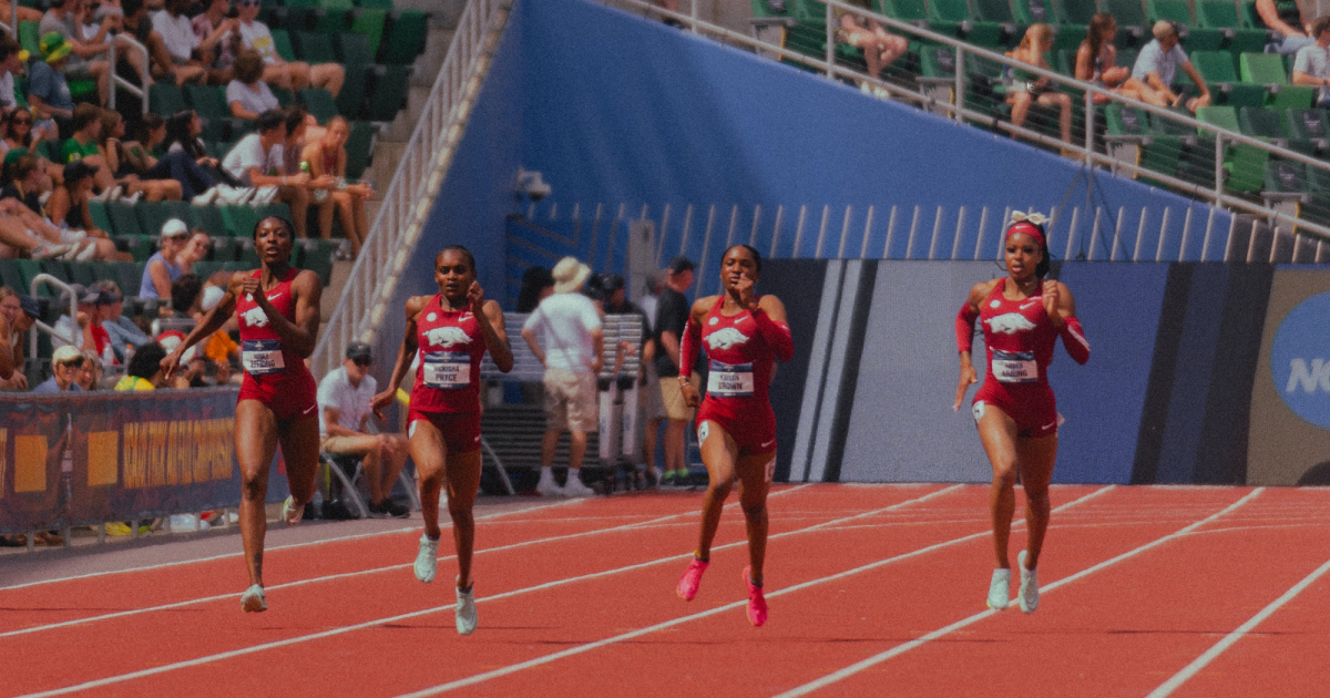 Rosey Effiong, Nickisha Pryce, Kaylyn Brown and Amber Anning coming down the home straight in the 400m at NCAA Championships.